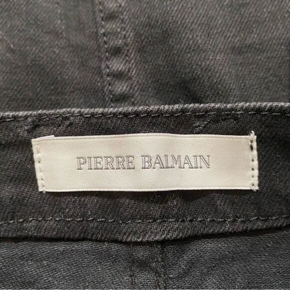 Pierre Balmain Black Distressed Denim Mini Skirt Leather Braided Accents US 6 - Picture 8 of 8
